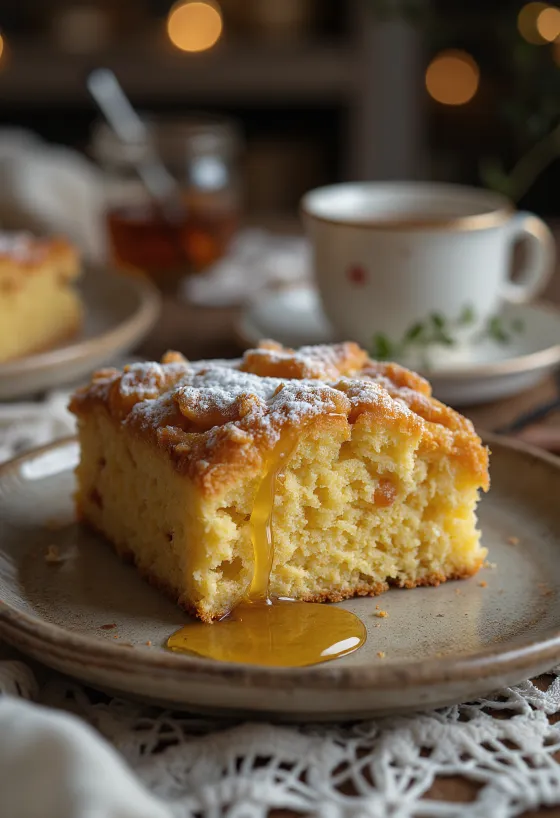 Bolo de gengibre com textura dourada e friável, polvilhado com açúcar em pó.