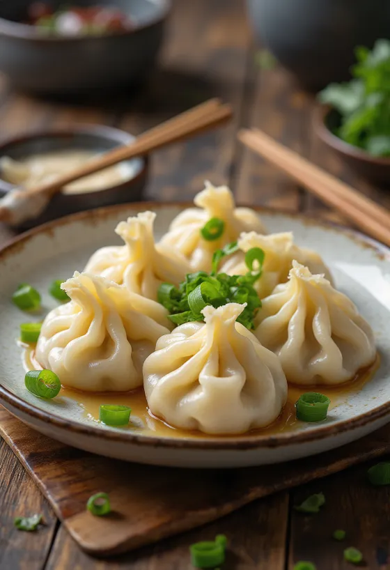 Jiaozi chinês servido, cozido, em prato de porcelana claro