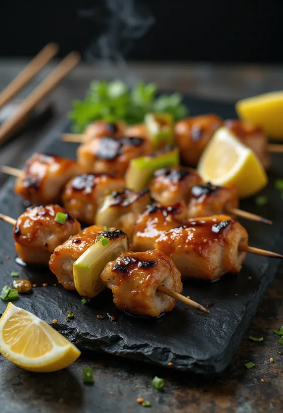 Yakitori clássico frango grelhado no espeto servido com sementes de sésamo e cebolinho fresco