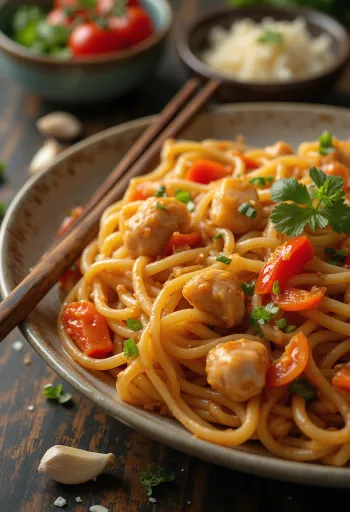Lagman com frango, massa, legumes e molho de soja