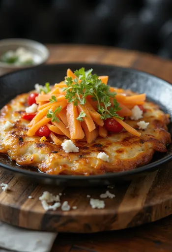 Okonomiyaki feito com legumes servido com molho okonomiyaki e flocos de bonito