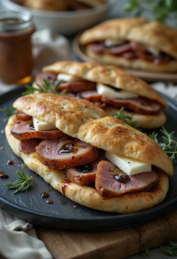 Piadina servida com peito de pato assado e camembert