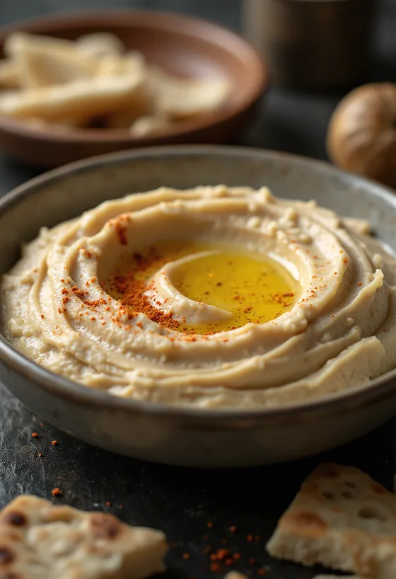 Hummus prebiótico de alho servido, regado com azeite