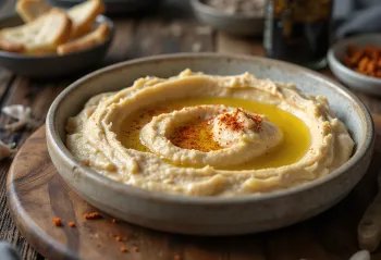 Hummus prebiótico de alho servido, regado com azeite