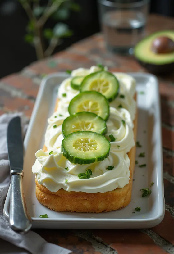 Smörgåstårta em camadas com abacate e pepino, decorado com alface