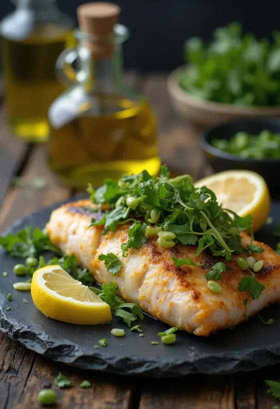 Peixe assado com ervas aromáticas servido