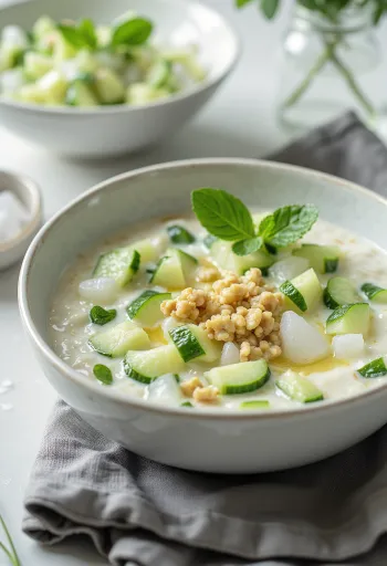 Tarator com pepino, em mistura de iogurte, decorado com noz e endro