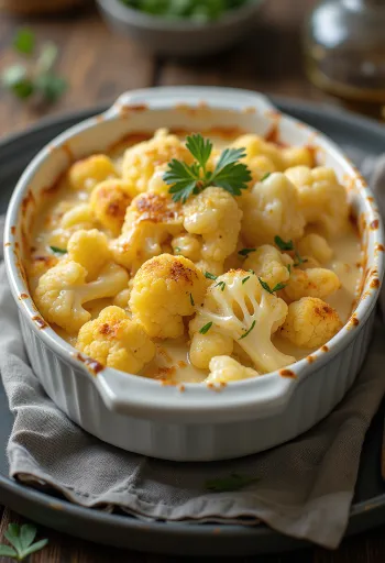 Prato cremoso de couve-flor com natas servido com ervas frescas
