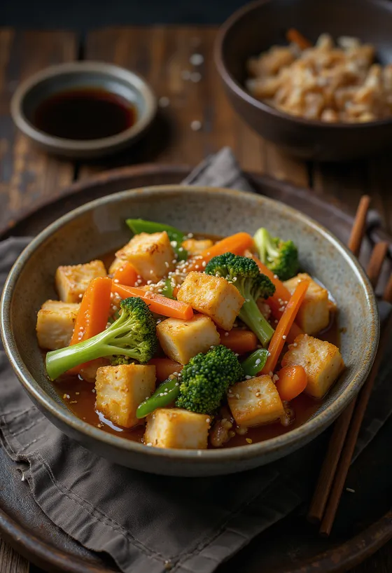 Wok de vegetais com tofu servido