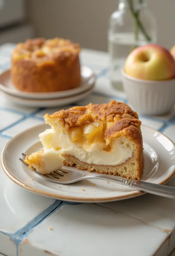 Bolo de queijo quark com maçã e canela decorado com maçã e canela