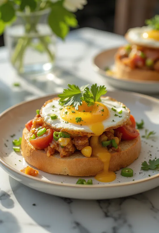 Bunny chow com ovo, servido com mistura de tomate e legumes e ovo estrelado