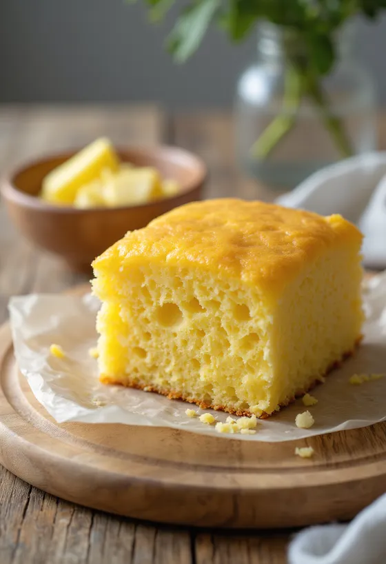 Fatias de cornbread com leite, servidas de forma rústica