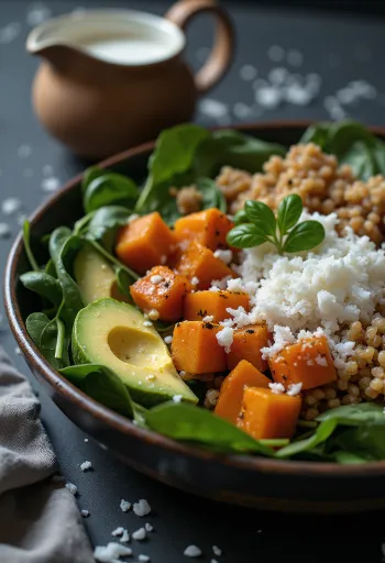 Buddha bowl de batata-doce com coco servida