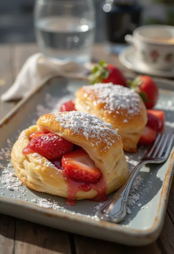 Strudel de morango fresco e crocante, polvilhado com açúcar em pó.