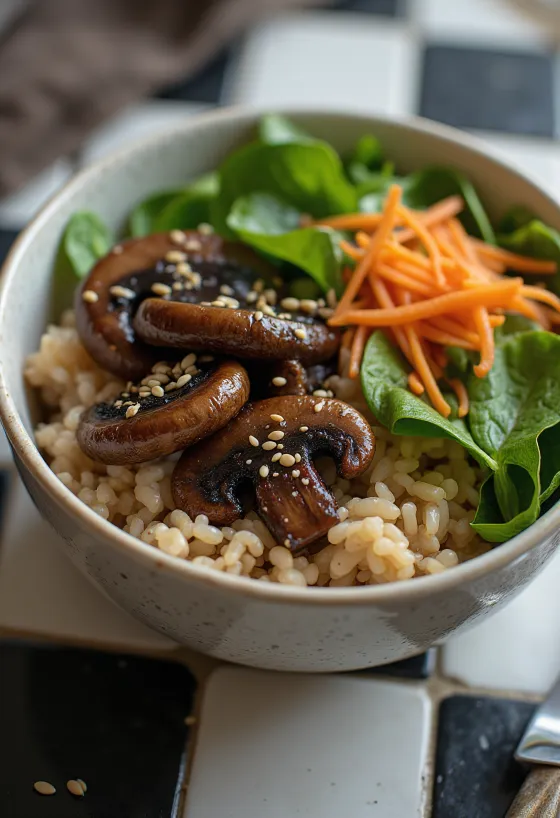 Buddha Bowl vegana de cogumelos servida