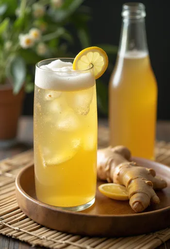 Cerveja de gengibre servida com limão e gelo em copos