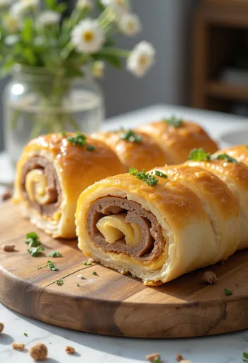 Rolo de carne dourado, servido com legumes frescos e molho.