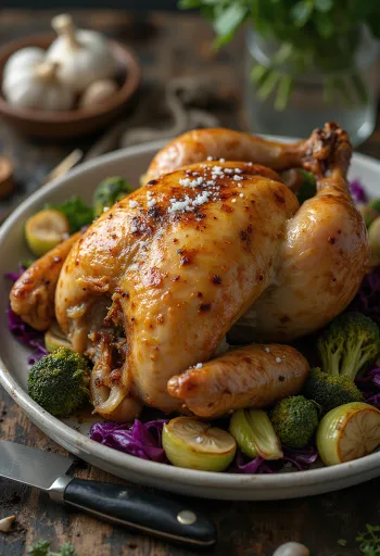Frango assado prebiótico com alho, com legumes prebióticos assados