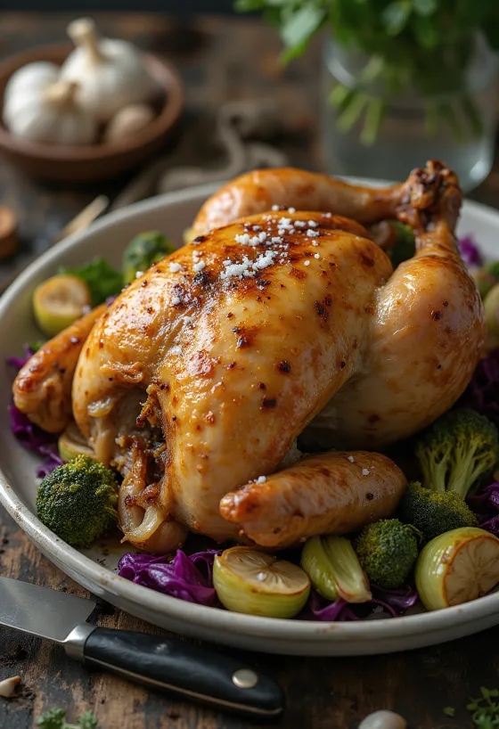 Frango assado prebiótico com alho, com legumes prebióticos assados