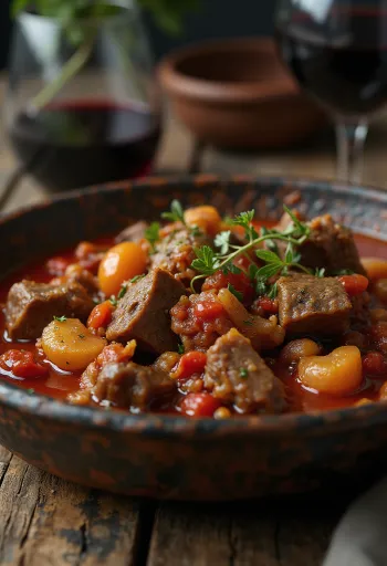Stifado, estufado de vaca grego servido