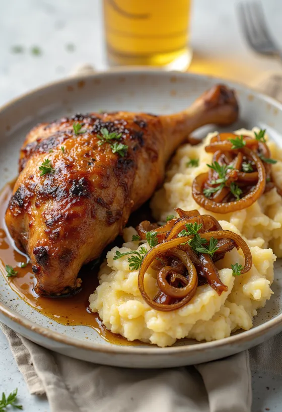 Pato assado com puré de batata e cebola servido
