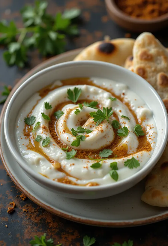 Raita de tamarindo servida com coentros frescos e hortelã