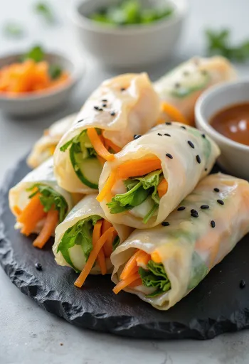 Rolos de primavera em papel de arroz, com legumes frescos e molho para mergulhar