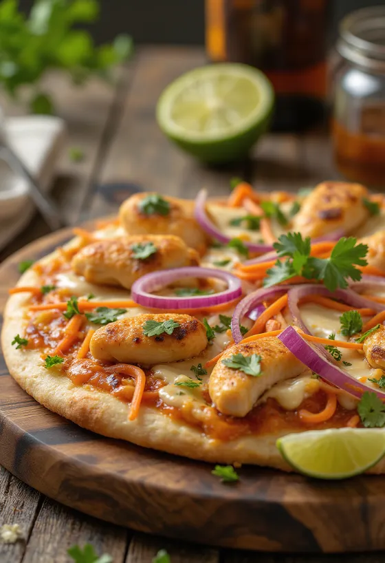 Thai chicken pizza com molho de amendoim e coentros
