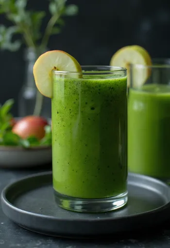 Batido verde em copo alto, decorado com vegetais frescos e frutas