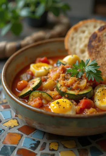 Estufado de legumes com molho de pimentão suculento e polvilhado com ervas frescas