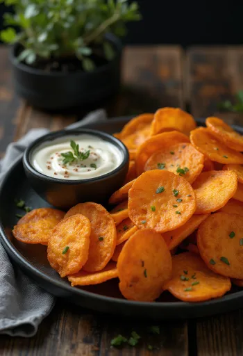 Chips de batata-doce com molho picante servidos