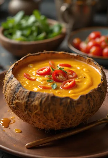 Molho picante de chili e leite de coco numa tigela, com coentros frescos e fatias de chili.