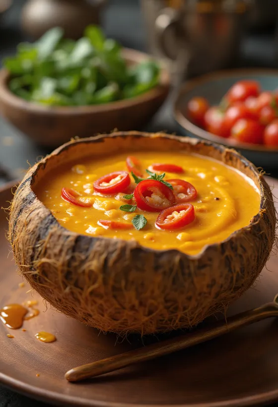 Molho picante de chili e leite de coco numa tigela, com coentros frescos e fatias de chili.