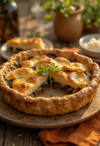 Tarte vegana cremosa de cogumelos cortada em fatias