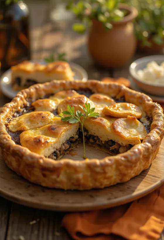 Tarte vegana cremosa de cogumelos cortada em fatias