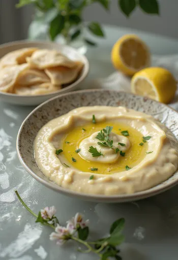Molho de tahini e limão servido com pita e legumes grelhados