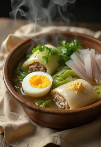 Oden com rolos de couve, servido com ovo e legumes frescos