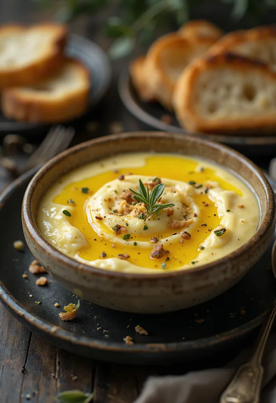 Creme de beringela com textura suave e cremosa, servido com ervas frescas e azeite