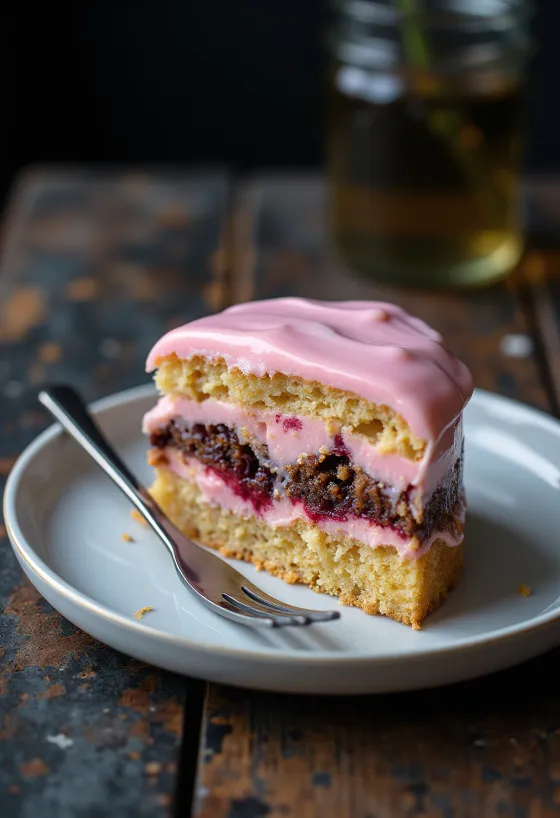 Fatia de punch colorida com cobertura rosa e camadas de pão de ló macio.