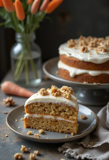 Bolo de cenoura com cobertura de queijo creme, decorado com nozes e cenoura ralada