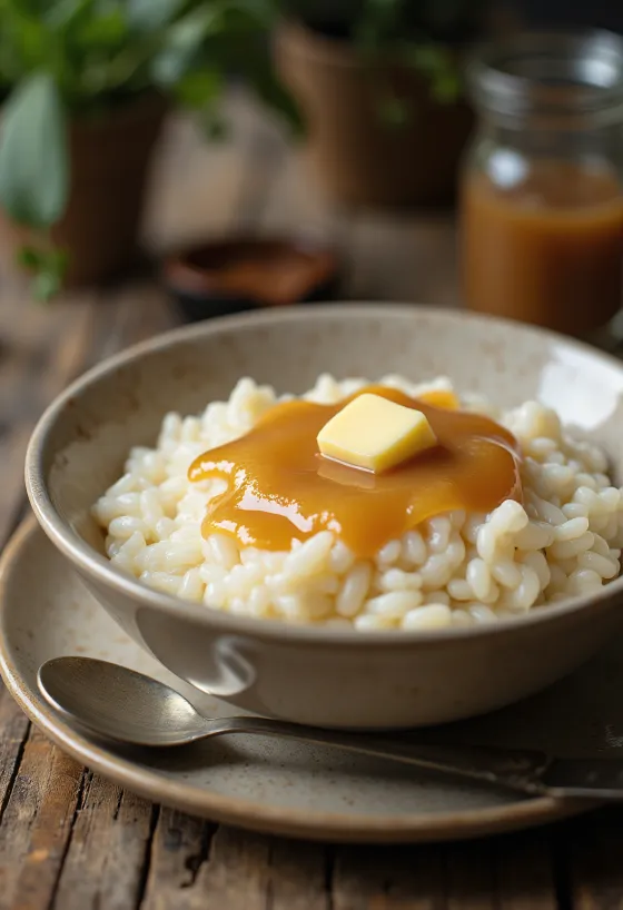 Risengrød cremoso com molho de caramelo e canela em tigela