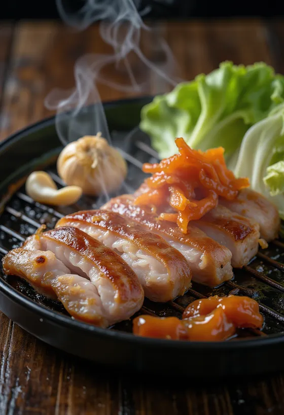 Samgyeopsal servido com folhas de alface e kimchi