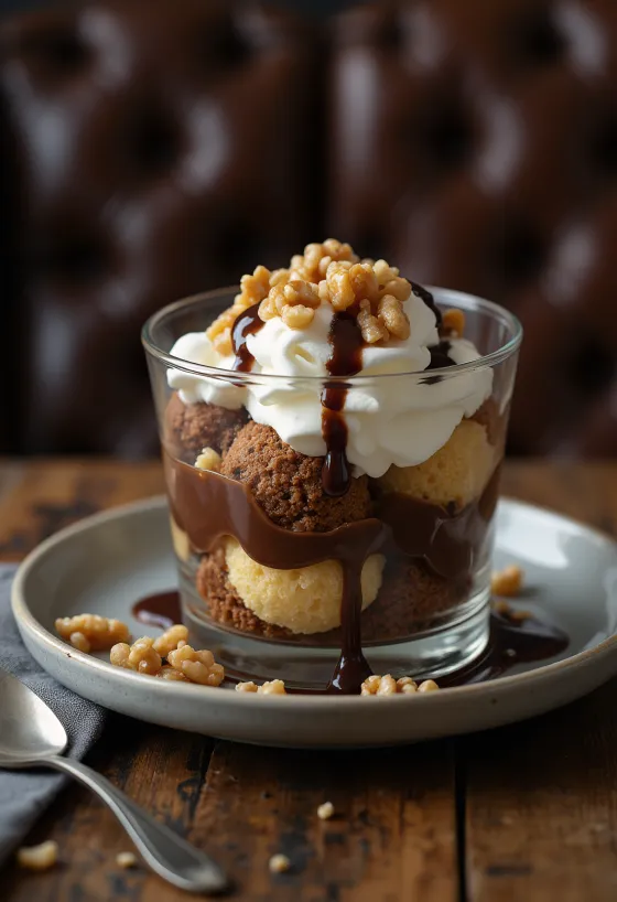 Somlói galuska em camadas com pão de ló macio, creme de baunilha e molho de chocolate