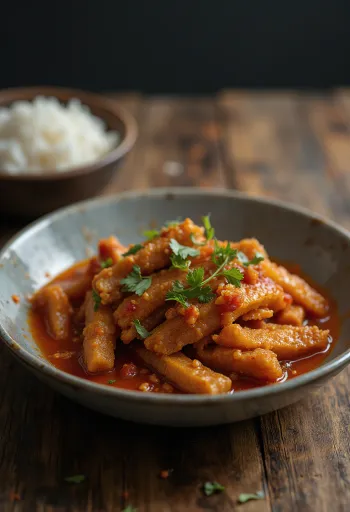 Tempeh sambal servido com molho picante, decorado com coentros frescos