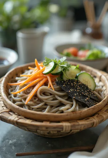 Zaru Soba servido com legumes cortados finamente e molho de soja