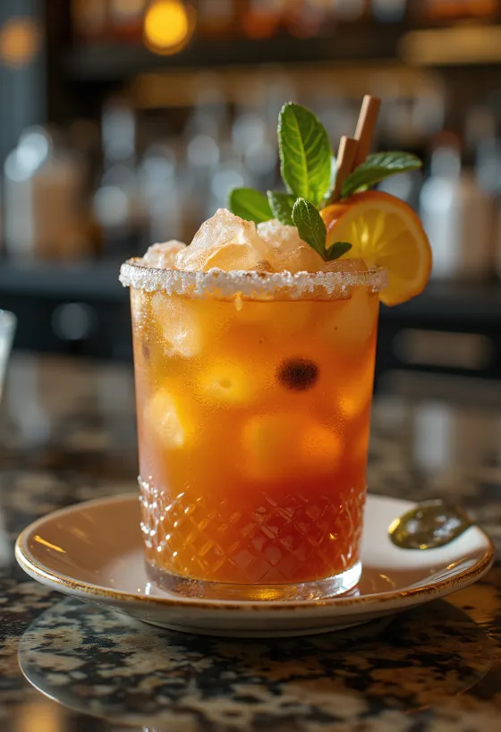 Cocktail Zombie decorado com folhas de menta e fatia de laranja