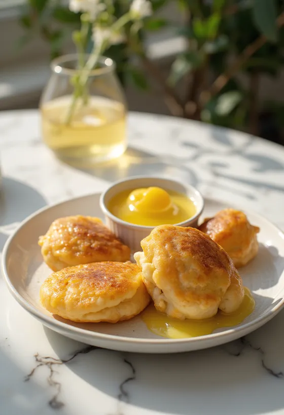 Æbleskiver com creme de limão, esferas frescas e fofas, decoradas com molho de limão