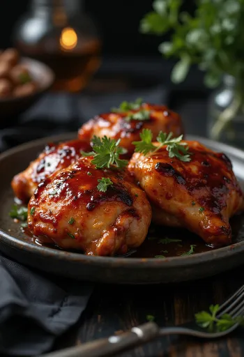 Coxas de frango BBQ assadas no forno, servidas com batatas assadas
