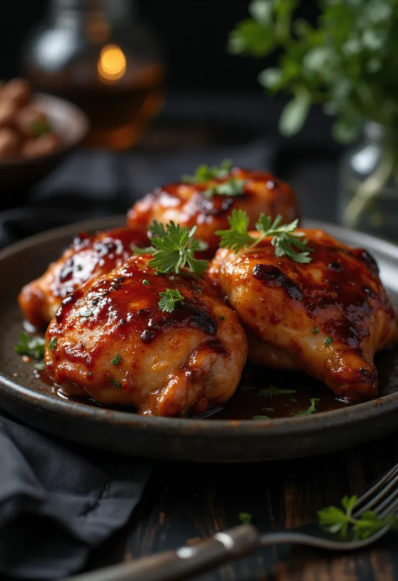 Coxas de frango BBQ assadas no forno, servidas com batatas assadas
