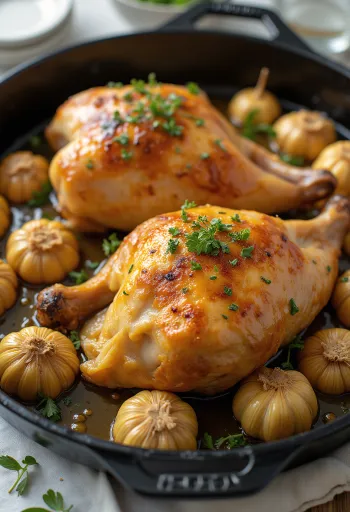Frango assado com alho dourado, decorado com ervas frescas
